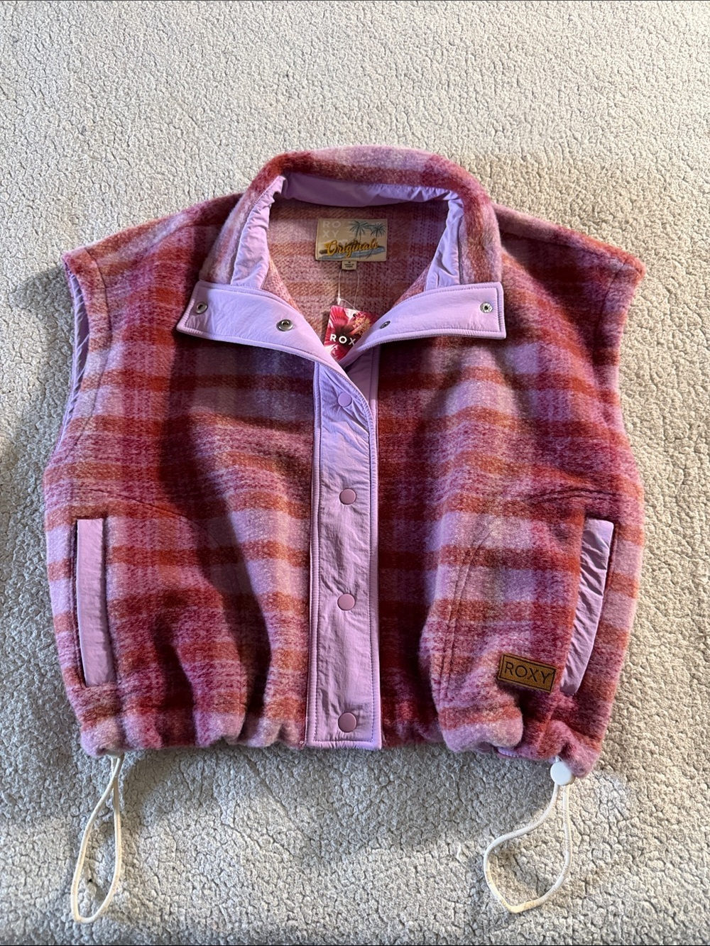Roxy Great Divide Print Smokey Grape Plaid Fleece Vest Small